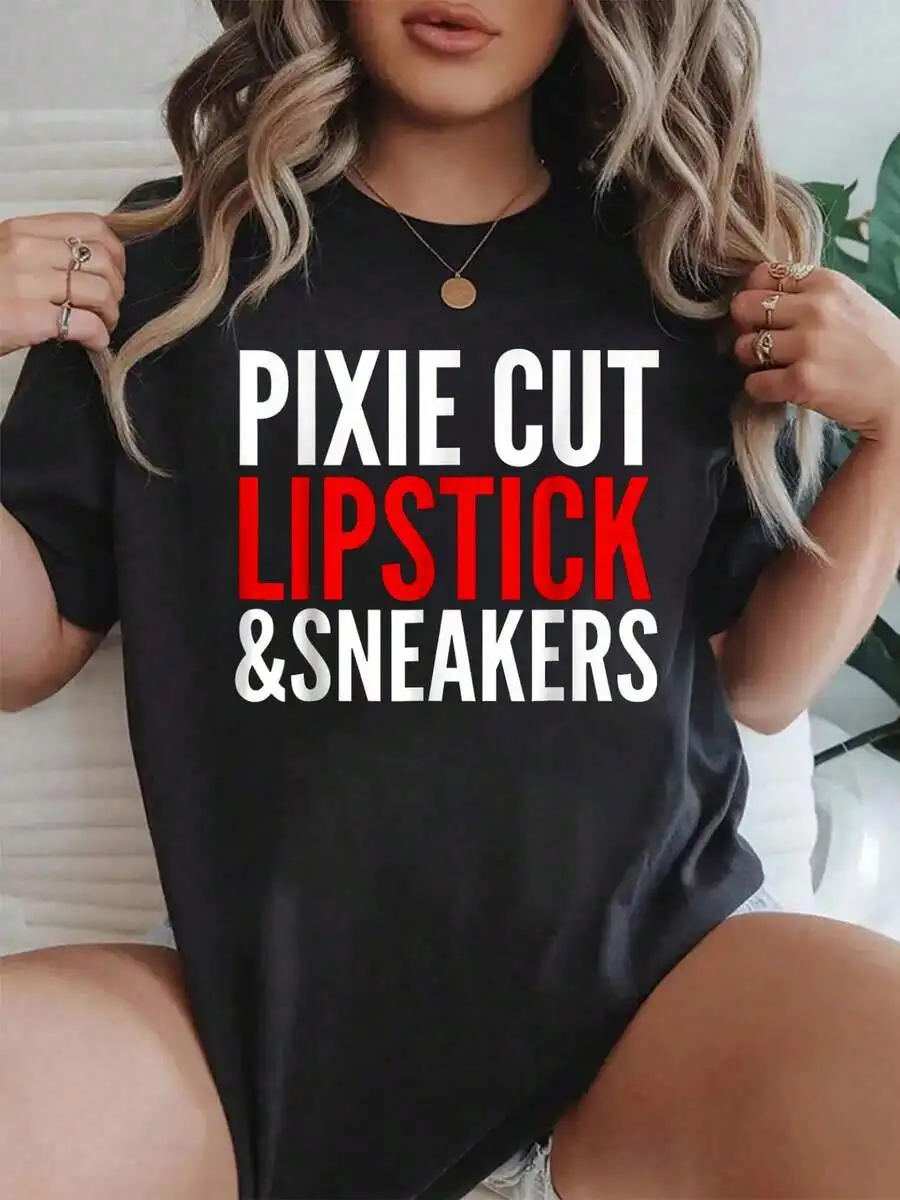 100% Cotton Pixie Cut Lipstick And Sneakers Funny Quote T-Shirt Women Graphic T-Shirt Cotton Print Short Sleeve Casual Top, Summer Tee Womens Tops
