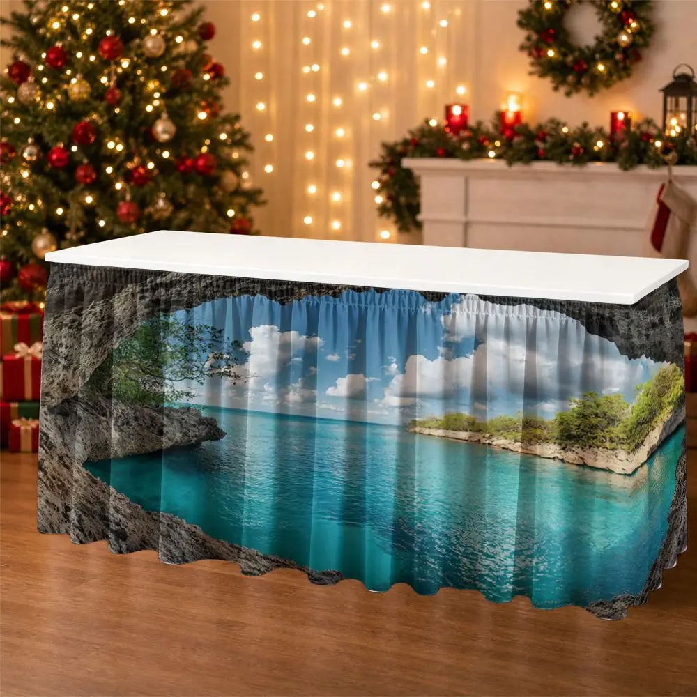 One-piece set with tablecloth decoration. Tropical cave, ocean, sky, wind, ruffled edge tablecloth border.