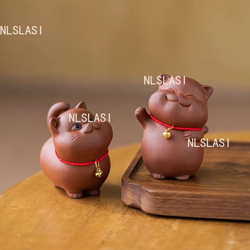 Yixing Purple Clay Cat Tea Pet Room Desktop Ornament Cute Tea Play Bell Cat Tea Ceremony Accessories Mini Decorations