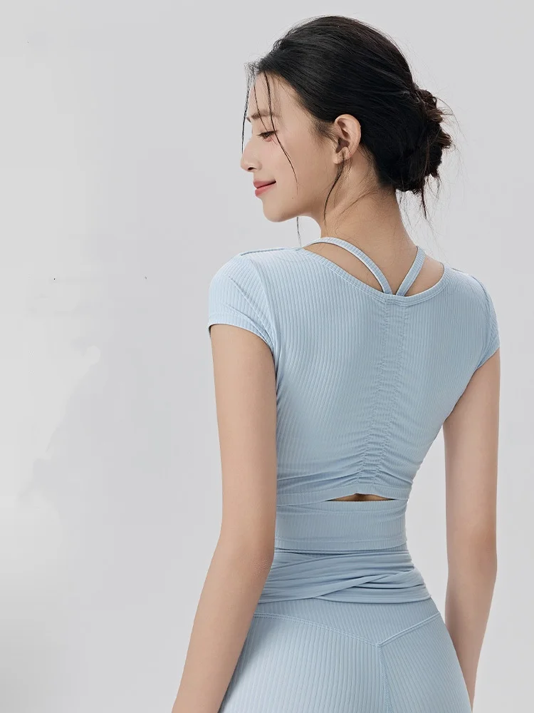 

Женская цельная чашка с коротким рукавом, однотонная эластичная дышащая одежда для йоги, облегающие тонкие топы для занятий спортом, фитнесом, тренажерным залом, пилатесом