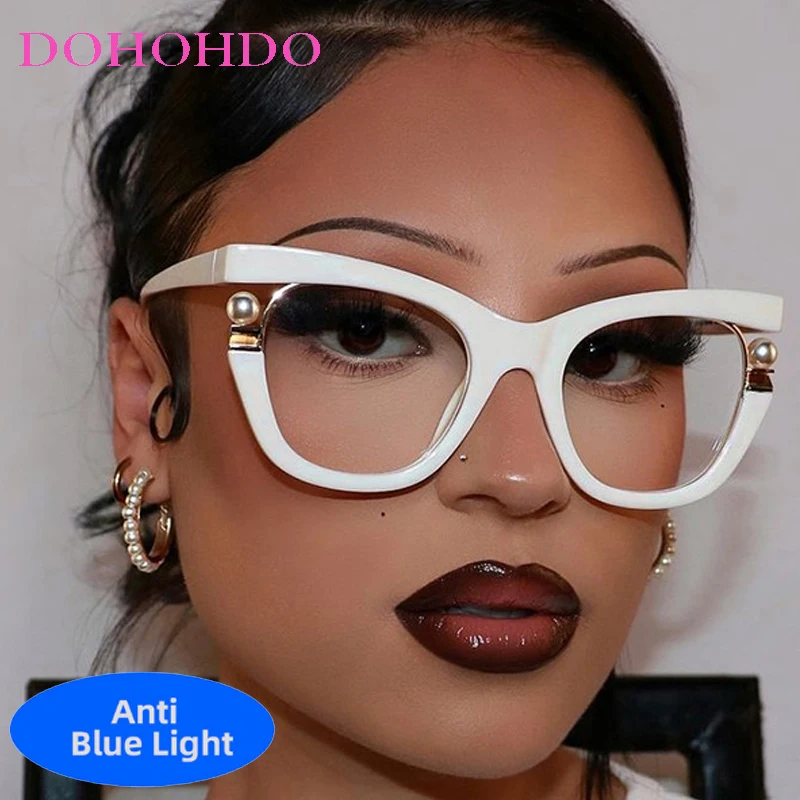 Vintage Brand Designer Pearl Cat Eye Optical Glasses Men Women Trendy Luxury Computer Anti-Blue Light Protection Spectacle Оч