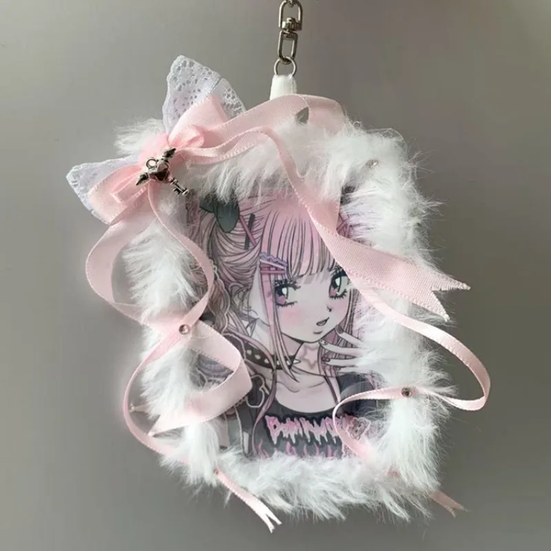 Plush Ribbon Kpop Photo Card Holder Cute Display Case Pendant for Anime Lolita Star Collectibles Bag Charm Accessory Kids Gift