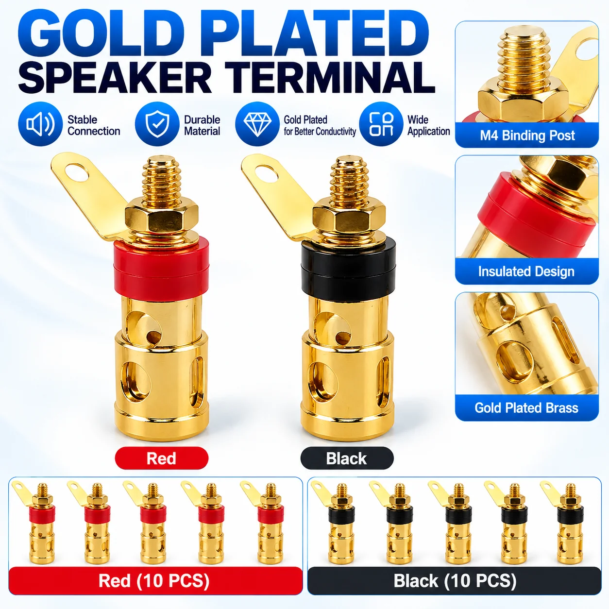 20PCS Gold Plated Push Type Spring Terminal Speaker Amplifier Self Locking Socket Connector Red Black for Audio DIY Wiring Use
