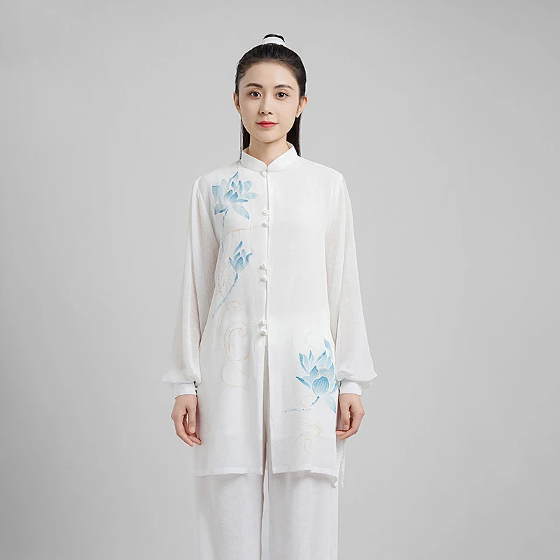 Women's Summer Tai Chi Uniform - Chiffon Linen Floral Print Outfit for Baduanjin Qigong Performance Practice