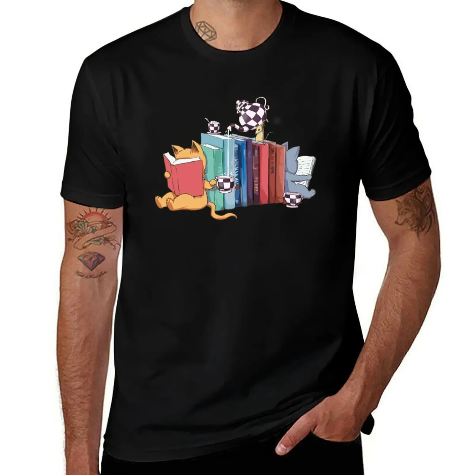 

Bookend Kittens, Cats, tea and books gift T-Shirt street wear summer clothes mens graphic t-shirts anime