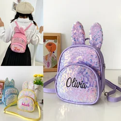 Mochila de PU con purpurina para niños, bolso de un solo hombro con orejas de conejo largas a la moda, mochila de guardería de princesa para niñas