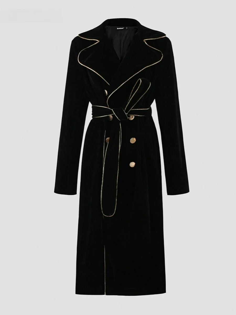 Nerazzurri Women's Velvet Windbreaker Coat Double Row Buttons Waist Cinching Slimming Long Style Autumn Outerwear OL Style