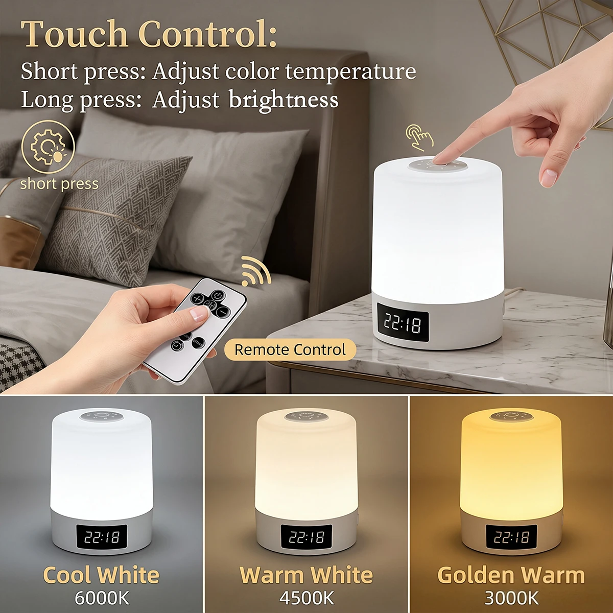 Touch Night Light Rechargeable 3 Color Timer Digital Clock Baby's Room Bedside Lamp USB LED Night Light Ambient Soft Light Gifts