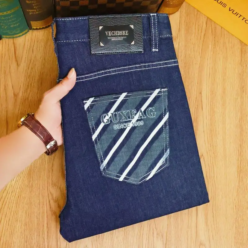 Men's Lightweight Graphic Print Stretch Denim Jeans 2026 New Summer Versatile Stylish Slim Tapered Casual Long Pants