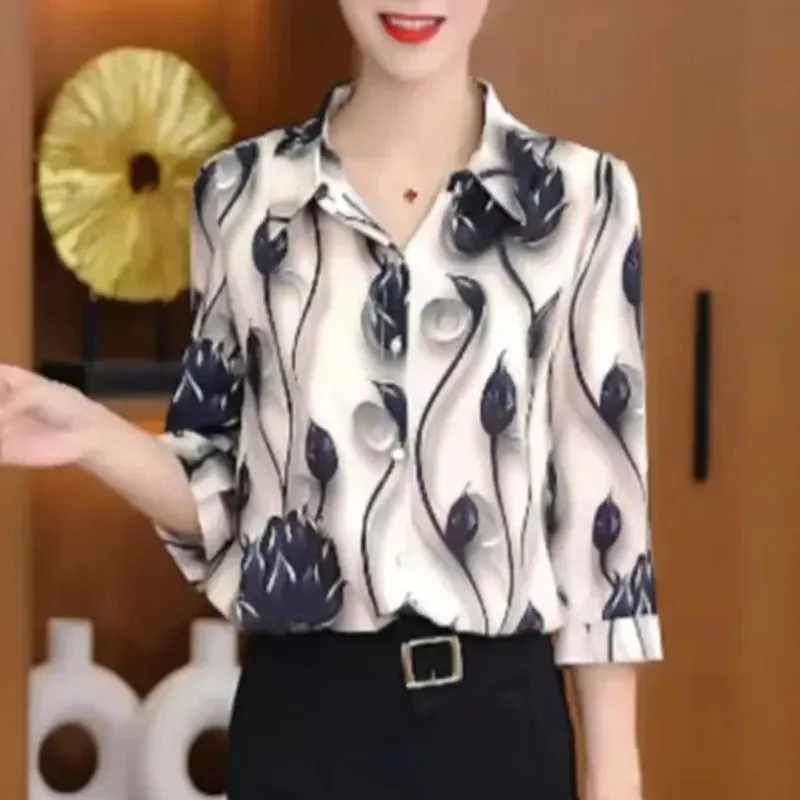 

Women Large Size 5XL Shirt Coat High-grade Ladies Fashion Seven Points Sleeve Blouse Tops Summer Female Printing Shirts Jacket