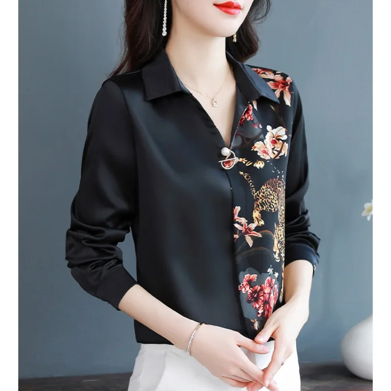 Women\'s Polo Collar Spring and Summer 2024 New Minimalist Commute Contrast Color Printed Long Sleeved Button Pullover Shirt Tops