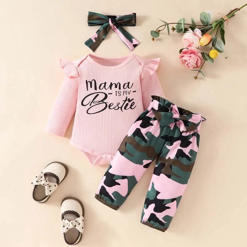 

Autumn Newborn Baby Girl Clothes 3 Pcs Set Pink Long Sleeve Jumpsuit Camouflage Trousers Hairband Outfits 0-18 Months