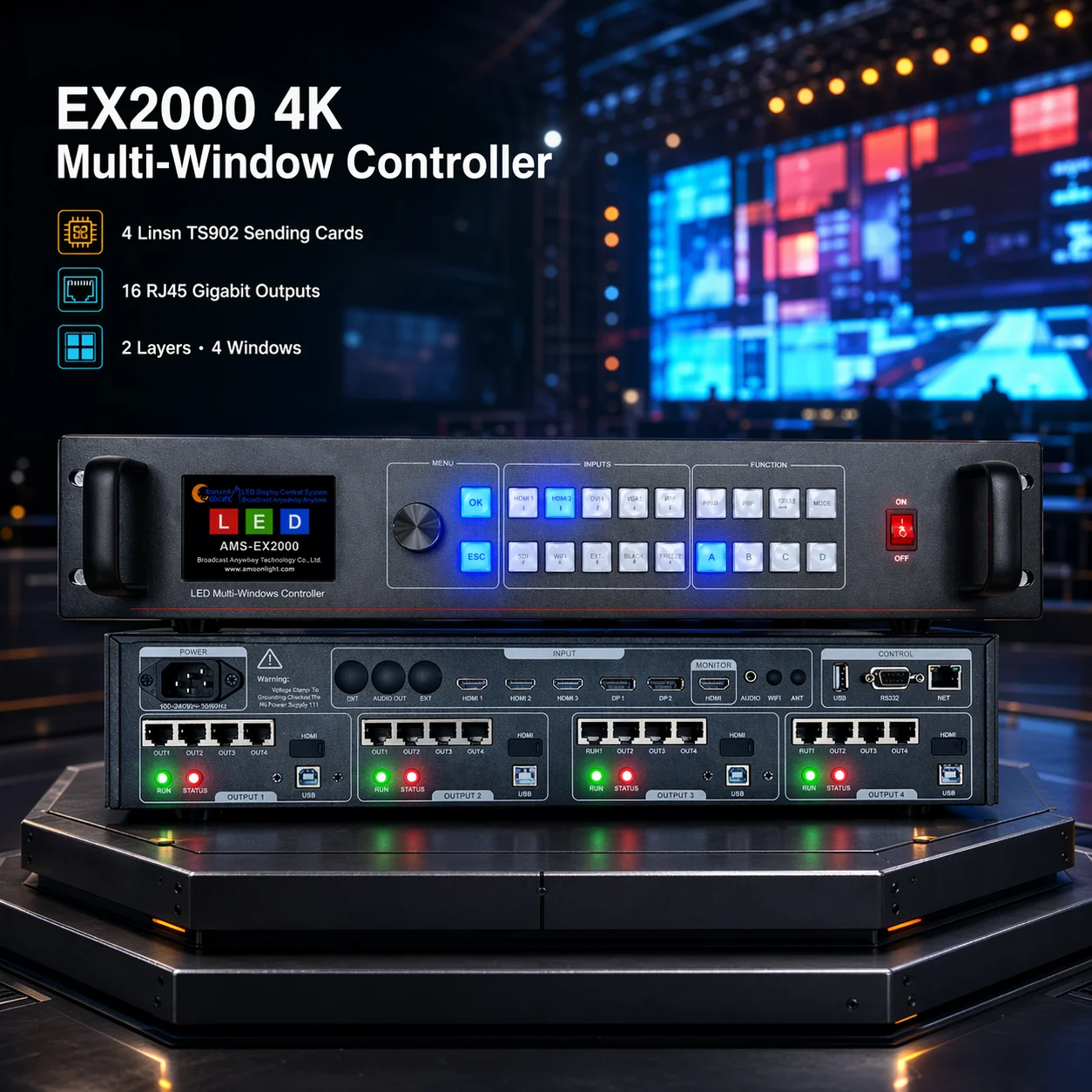4K Multi Window LED Video Controller EX2000 4 Linsn TS902 Sending Cards 16 RJ45 Ports Seamless Switching 4 Windows