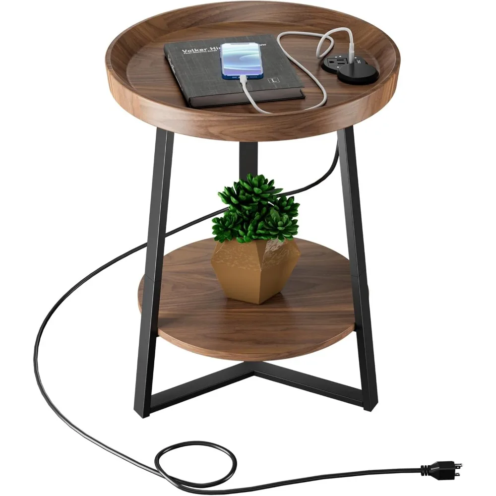 

Round End Table with Charging Station, USB Ports, Wood Tabletop & Black Metal Frame, 2-Tier Side Table for Living Room, Bedroom