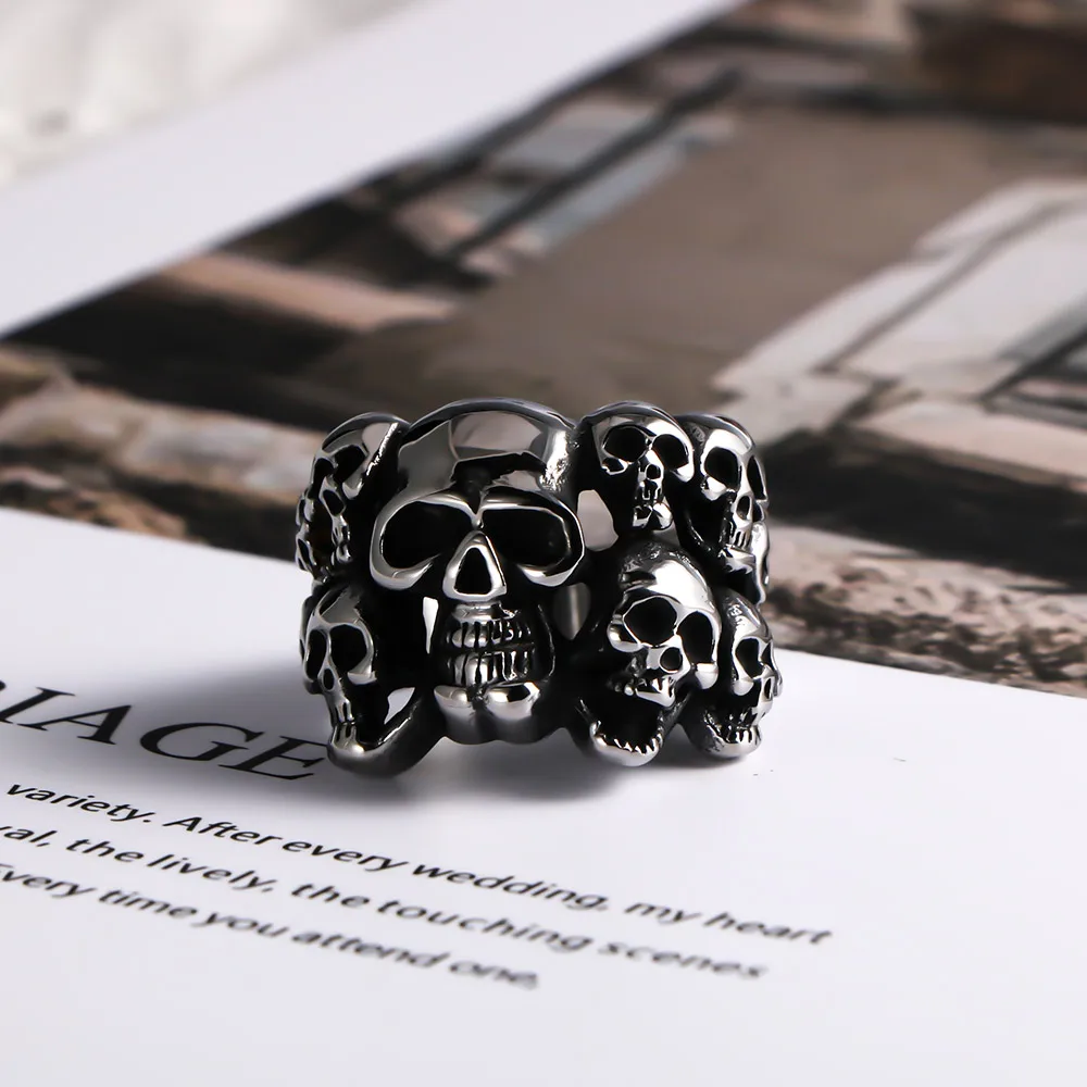 Skull Ring for Men, Black Vintage Style with Multiple Skulls Surrounding Design, Stainless Steel, Non-Fading, Non-Allergenic, Gothic Punk Heavy Metal Style, Cross-Border Bestseller