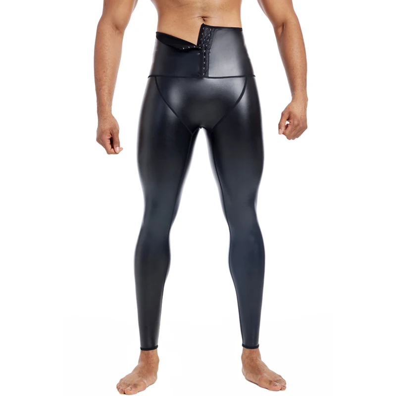 Men trend elastic shapers leather pants, glossy finish, slimming, with 3 hooks, motorcycle, windproof and waterproof tight pants