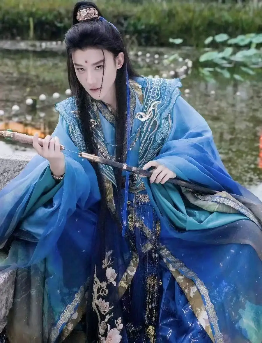 

Vintage Gold Woven Blue Hanfu Men's Traditional Heavy Industry Embroidery Gradient Clothing Xmas Carnival Cosplay Costume Large