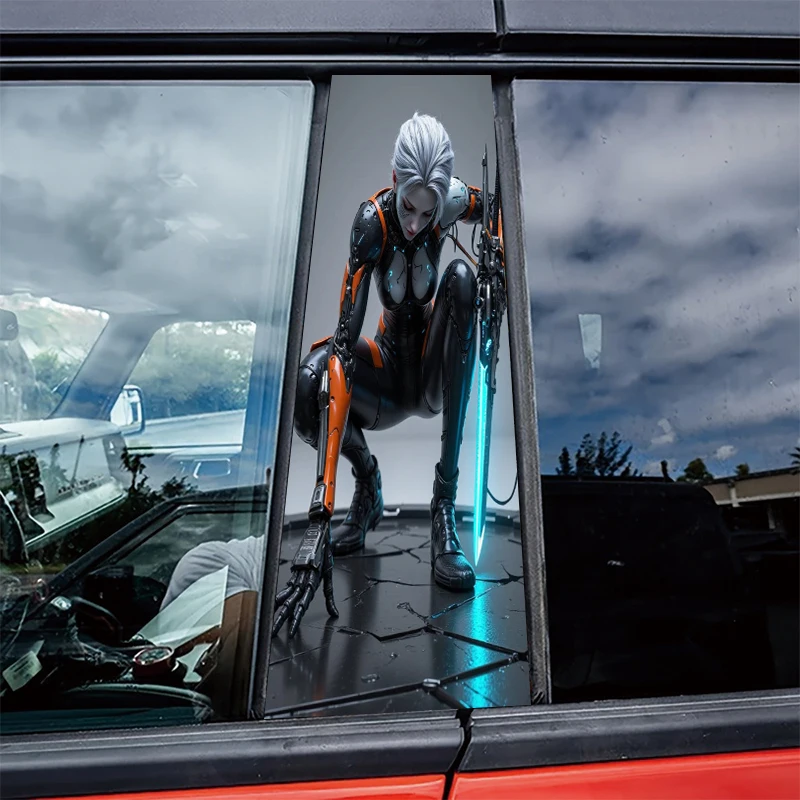 

2 наклейки на центральные стойки автомобиля, защитная пленка Cybernetic Female Warrior, устойчивые к царапинам наклейки.