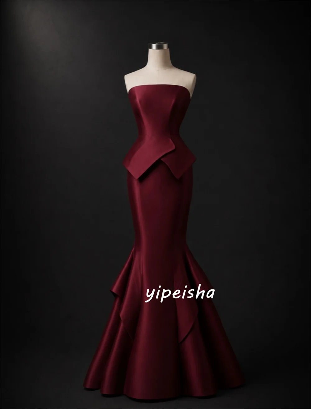 Customized Burgundy Fashion Sizes Available Pleat Ruched Mermaid Strapless Floor-Length Evening Dresses For Wedding Party
