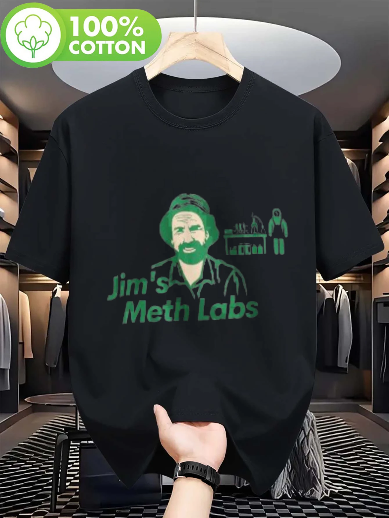 Men's patterned T-shirt, designed by Jim's Meth Labs in black and green - lightweight perfect for casual wear and themed events