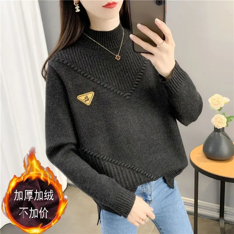 Autumn and Winter Women\'s Solid Half High Collar Long Sleeve Bright Line Decoration Epaulet Sweaters Jumpers Fashion Tops