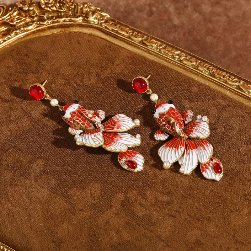 

Vintage Goldfish Drop Earrings Pendant Large Red Glazed Jewelry Chinese Tradition Retro Gold Color For Women Party Decorations