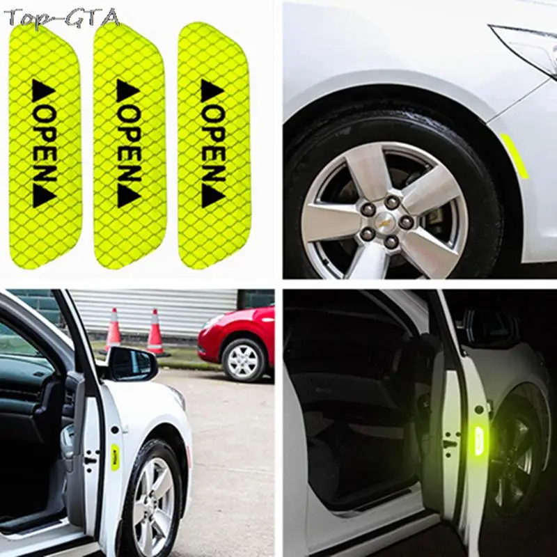 4PCS Safety Stickers Warning Signs Car Door Handle Warning Mark Tape Reflective Light Reflector Strip Anti-collision Decals