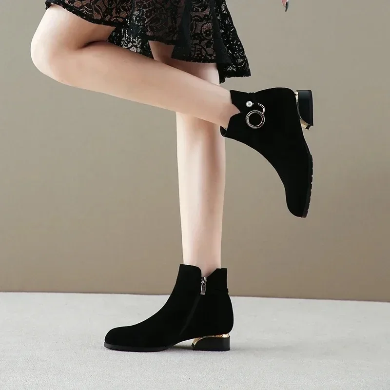 2024 Women\'s Shoes Ankle Boots Low Heels Short Cow Suede Shoes Women\'s Autumn and Winter Boots