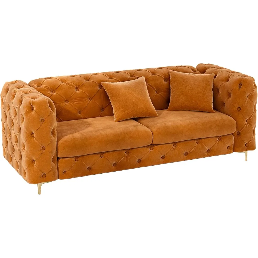 أريكة أريكة مقاس 75 بوصة في منتصف القرن أريكة مخملية حديثة معنقدة بأزرار أريكة مسند ذراع عالي وأرجل ذهبية معدنية ديكور تشيسترفيلد الفاخر مع #6