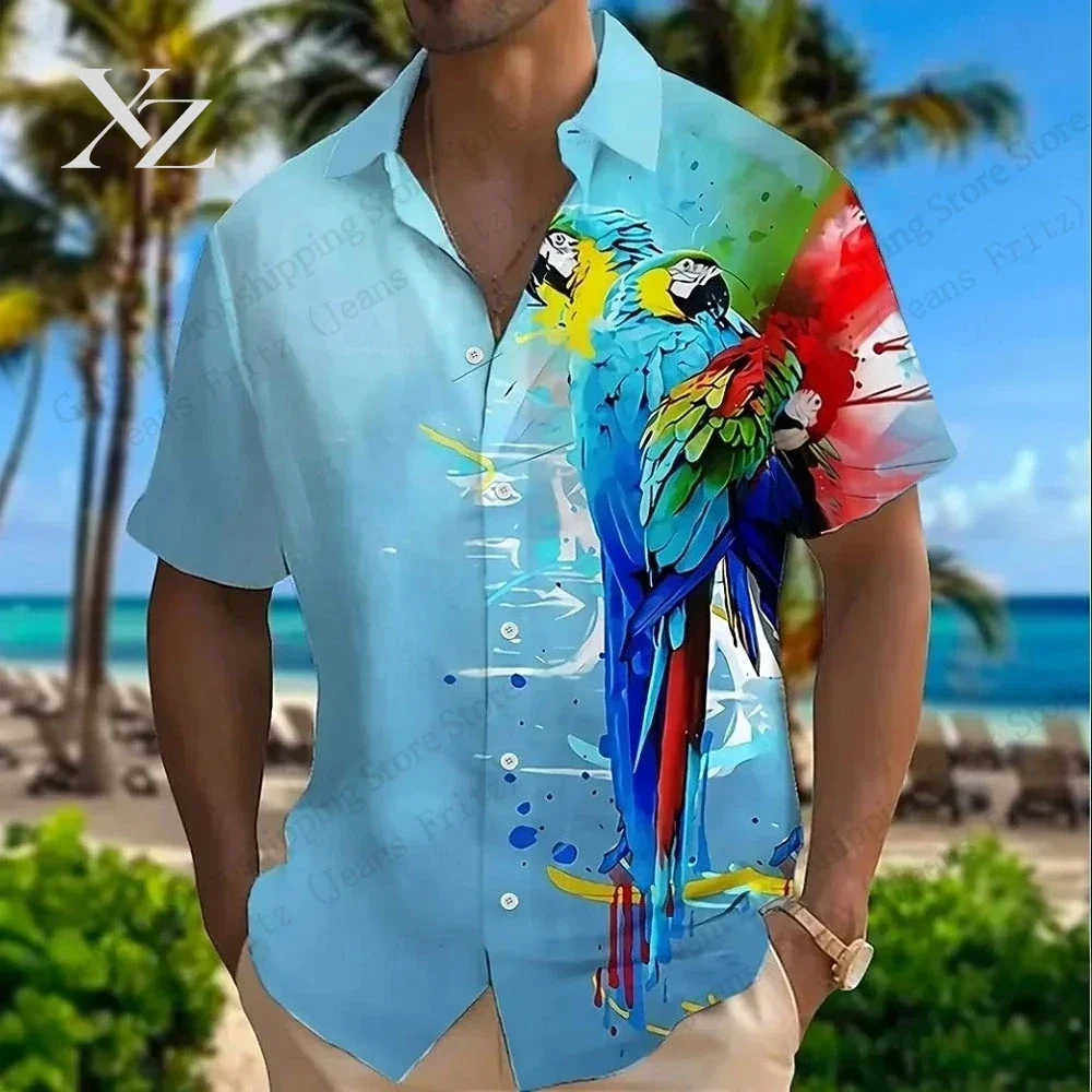 Art Parrot Painting 3d Print Shirts Men Women Fashion Summer Hawaiian Shirt Short Sleeve Beach Shirt Vocation Blouse Men Clothes