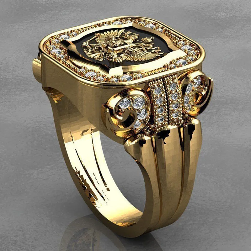 Vintage Mens Jewellery Gold Plated Zircon Stamp Rings for Men Stainless Steel Badge Ring Hip Hop Punk Party Jewelry Gift Anillos