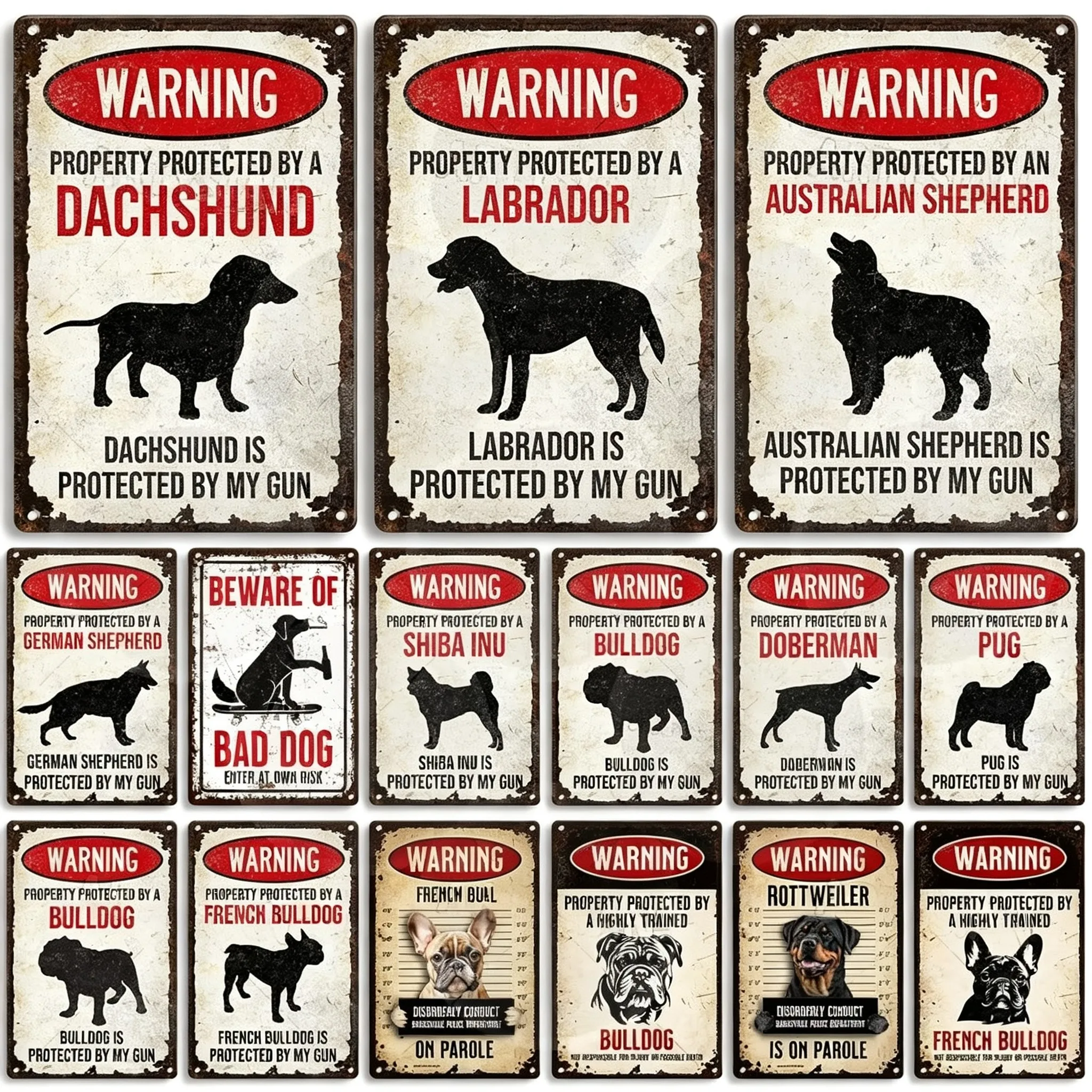 1PC 2D Beware of Dog Metal Sign Multiple Breeds Retro Warning Plaque Wall Decor for Garden Home Bar