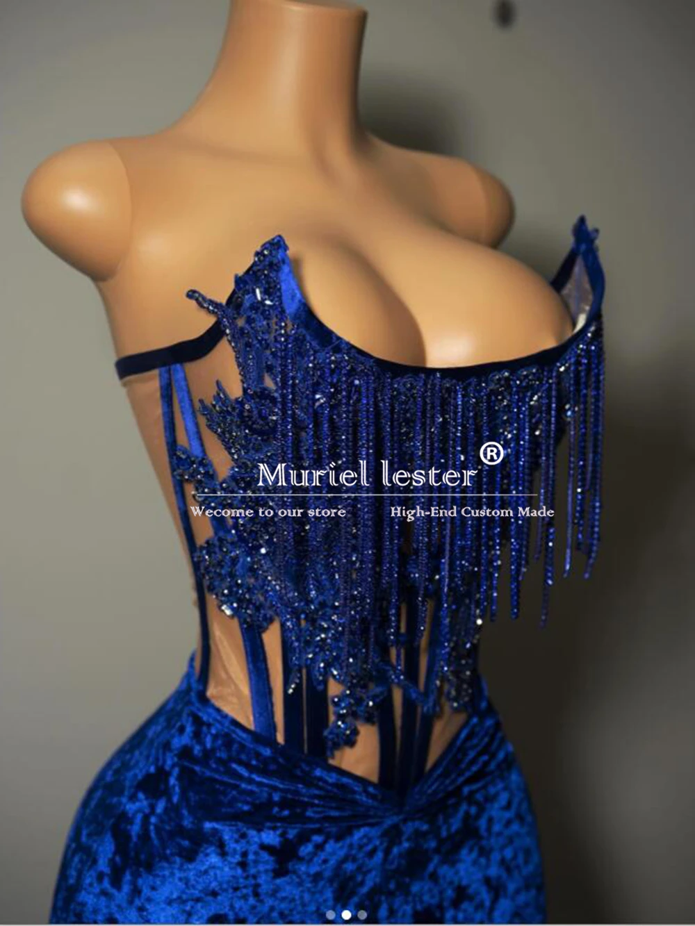 Elegant Royal Blue Mermaid Prom Dresses Strapless Velvet Illusion Women Formal Party Evening Gowns Tailored Made Female Clothing