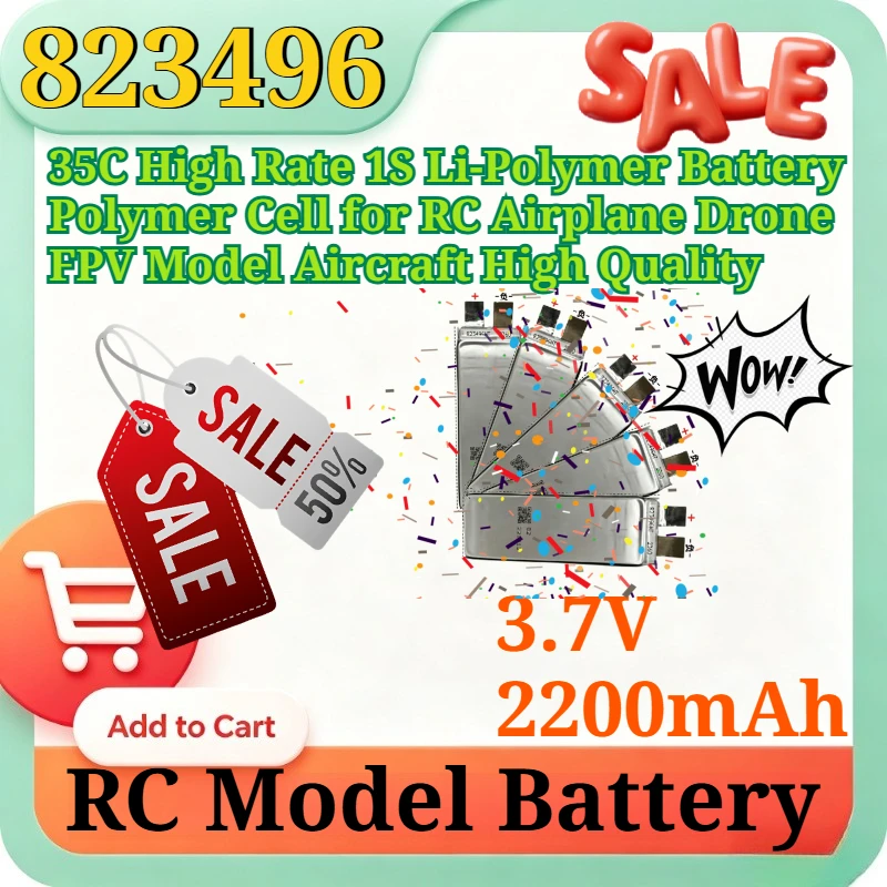 New 823496 3.7V 2200mAh 35C High Rate 1S Li-Polymer Battery Polymer Cell for RC Airplane Drone FPV Model Aircraft High Quality