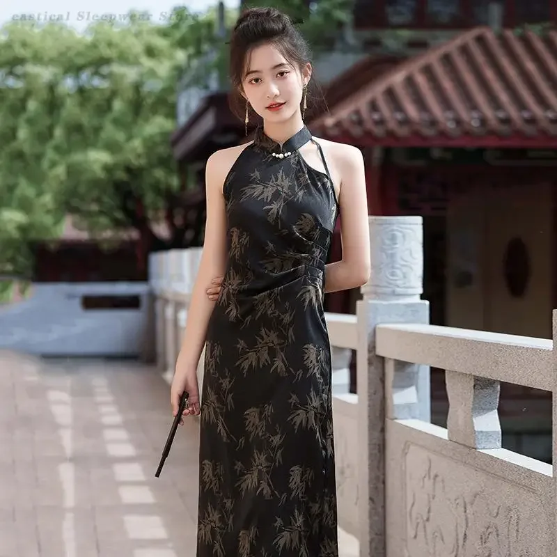 

Сексуальное улучшенное платье Ципао без рукавов с лямкой на шее, новое женское платье в китайском стиле, элегантное платье Cheongsam с принтом бамбукового листа, вечернее платье, Vestidos