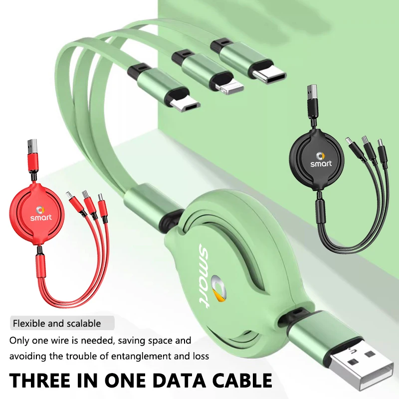 For Smart 3 in 1 USB Charge Cable Type-C Micro USB Spliter Cord Fast Chargin EQ Cabrio City-Coupe Crossblade ROADSTER 452 454