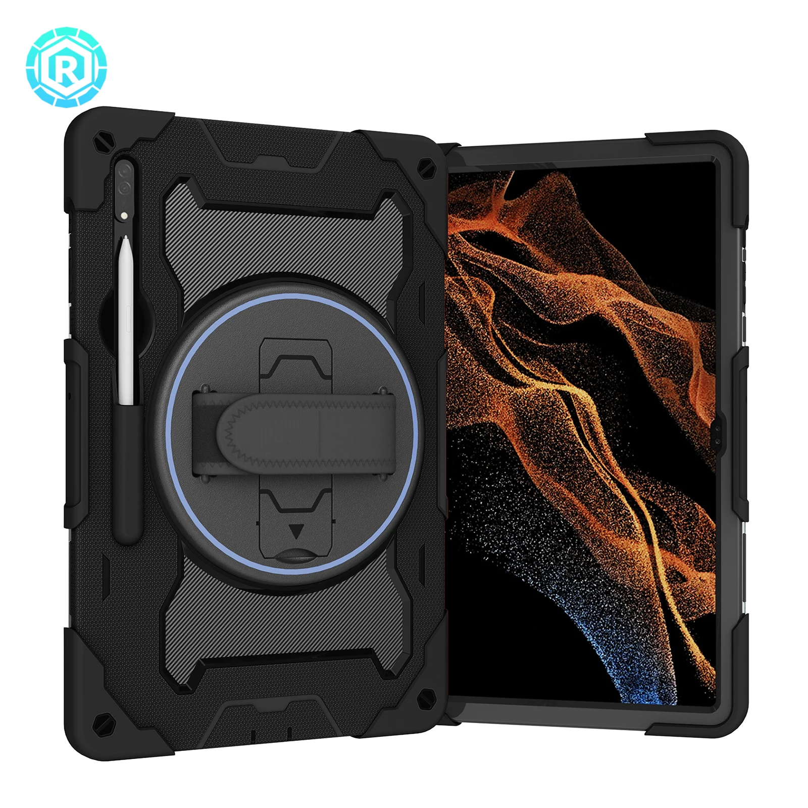 Shockproof for Samsung Galaxy Tab S9 S8 Ultra 14.6 inch PC+Silicon material Hybrid Rotating stand Cover With Hand Strap