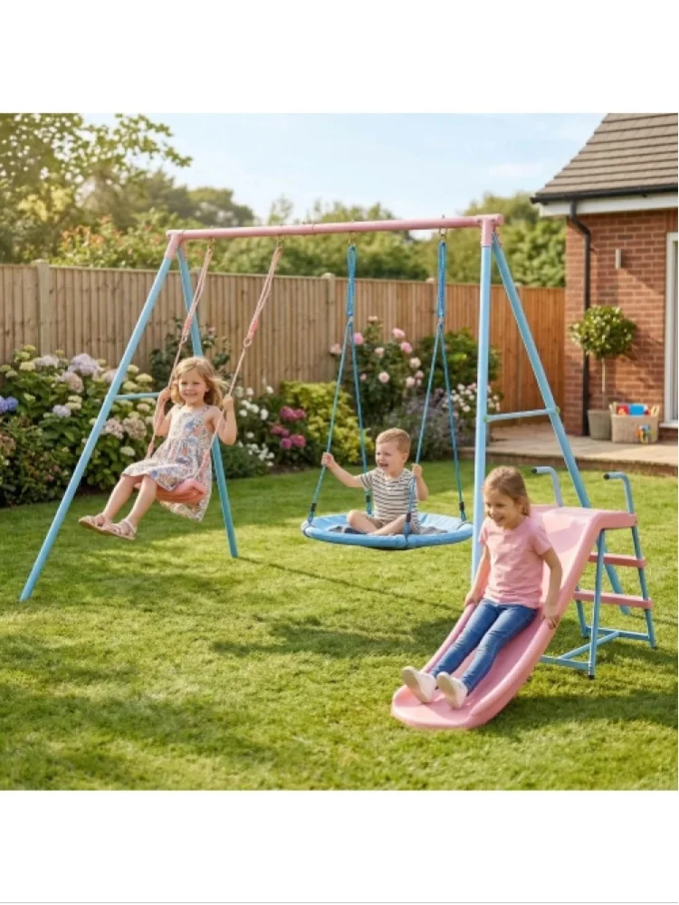 Outdoor-Kinder-Metallschaukelset mit sicherer Rutsche, 2-Sitzer-Doppelschaukel, Spielgerät für den Garten, robustes Garten-Aktivitätsspielzeug für Jungen und Mädchen