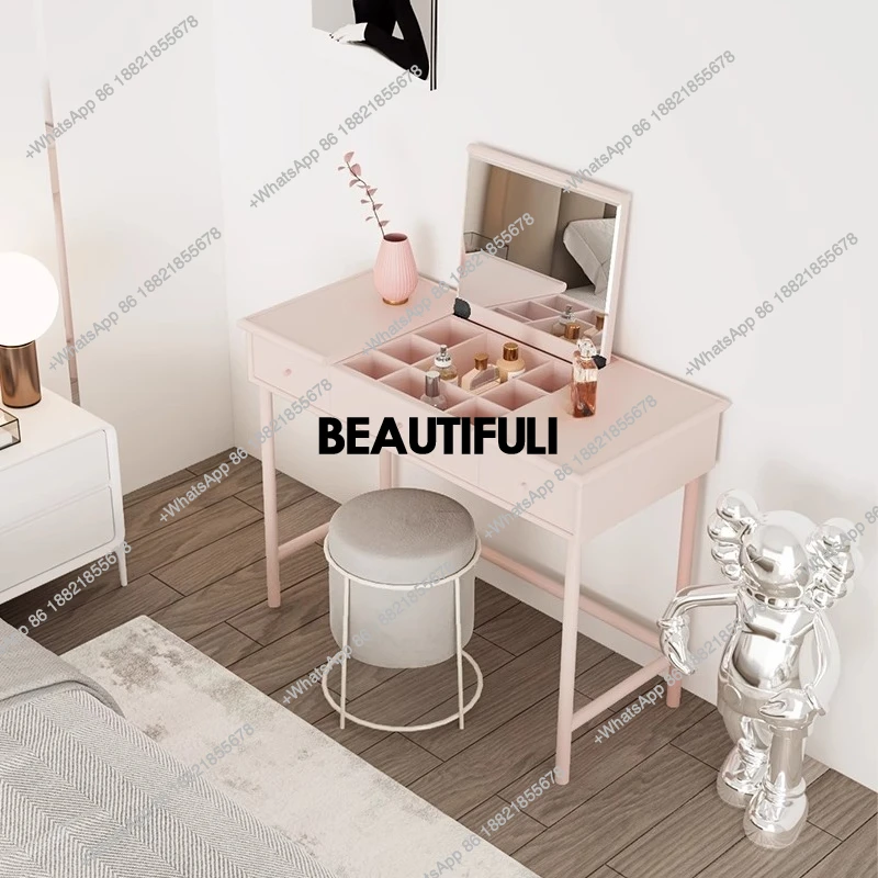 Solid wood dresser bedroom modern simple computer desk integrated light luxury flip mirror with light multi-color ins dresser