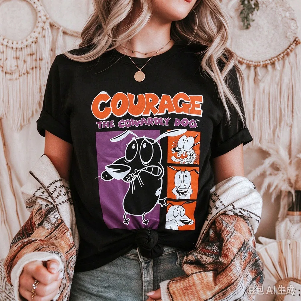 Vintage Courage the Cowardly Dog Cartoon Print Short Sleeve T-Shirt Retro Unisex Graphic Tee 90s Nostalgia Summer Streetwear Top