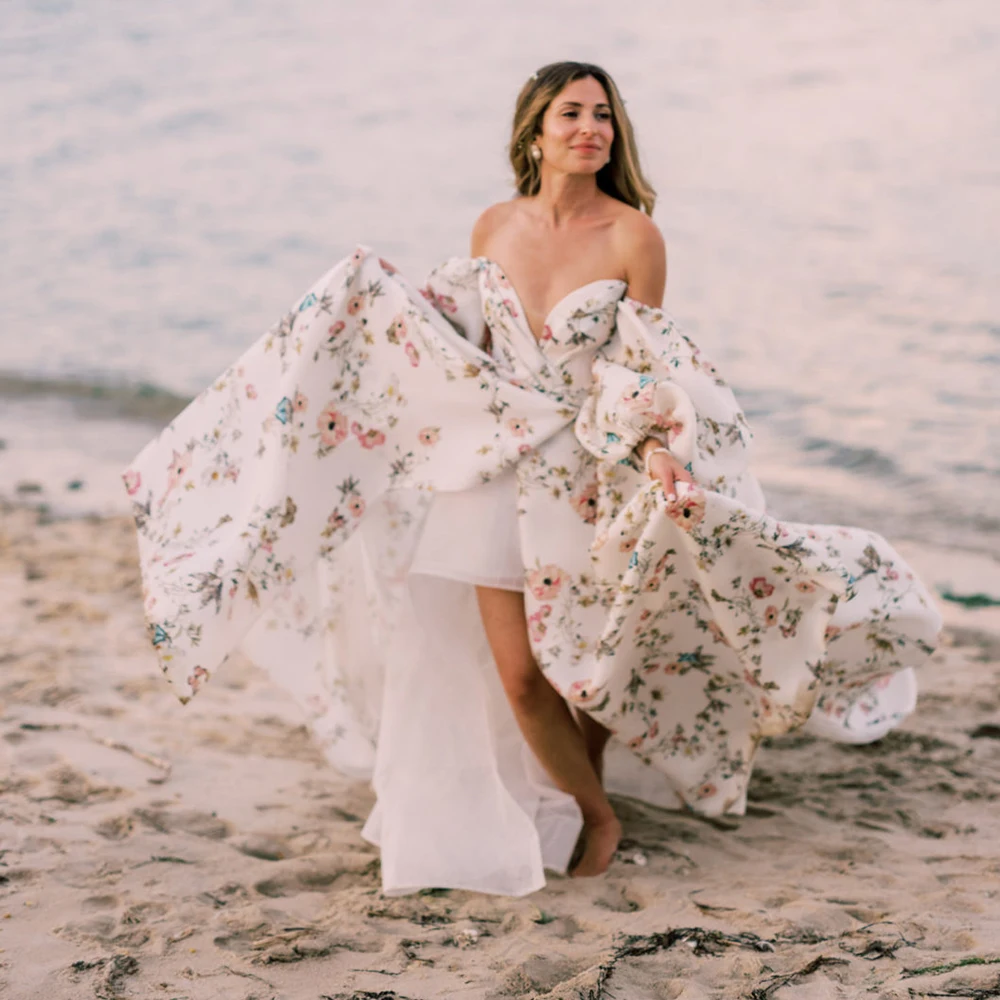 Vestido de novia de manga larga con estampado Floral, cola capilla dividida alta, mariposa fruncida, elegante vestido de Boda de Princesa personalizado