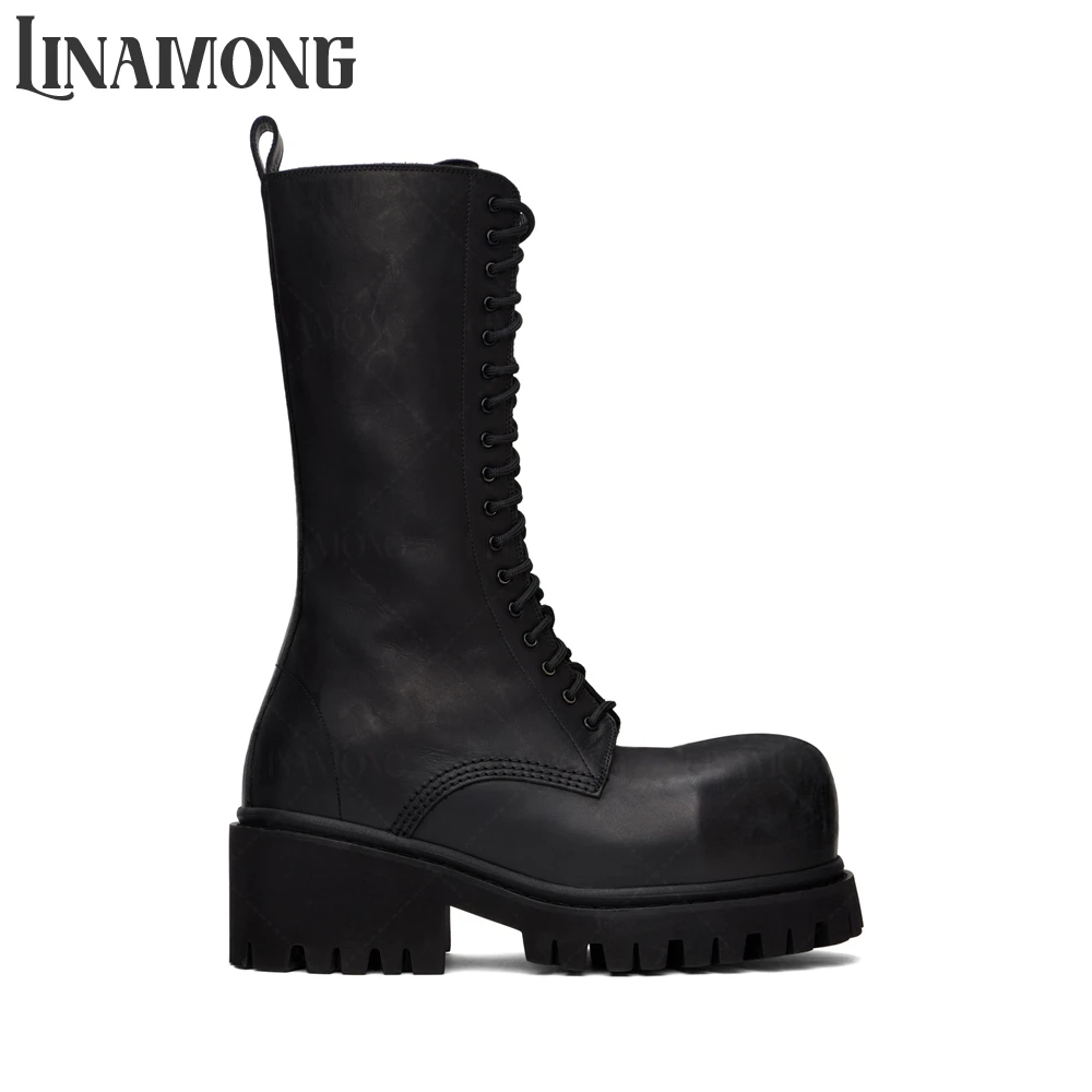 

Black PU Leather Mid Calf Boots Exaggerated Round Toe Lace-Up Boots Novelty Designer Style Handmade Chunky Heel Booties for Men