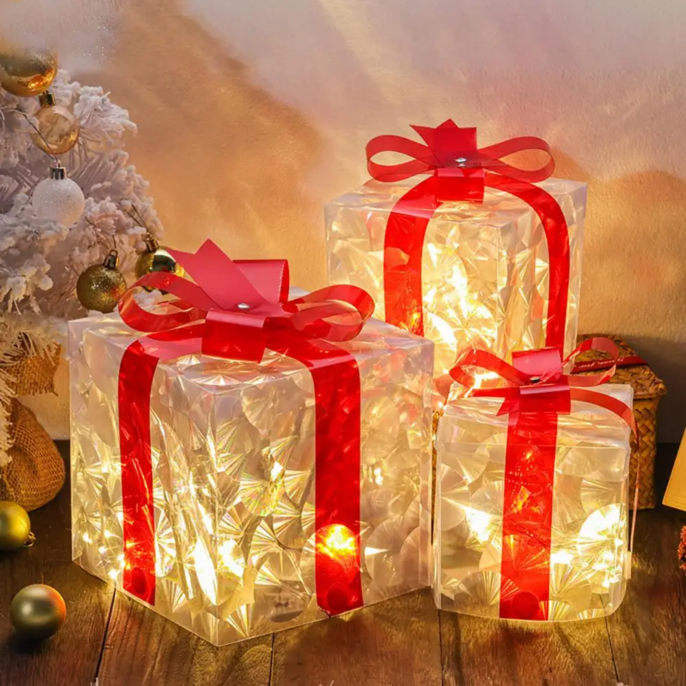 Decorazione per scatola regalo di Natale a LED Ornamento per allegria natalizia Set di scatole regalo di Natale a LED con fiocco con motivo a fiocco di neve luminoso per Natale
