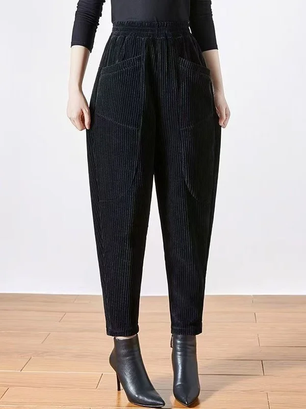 

High Waist Thickened Fleece Women's Pants Winter Casual Harajuku Style Lantern Pants Slimming Effect Pure Color Polyester