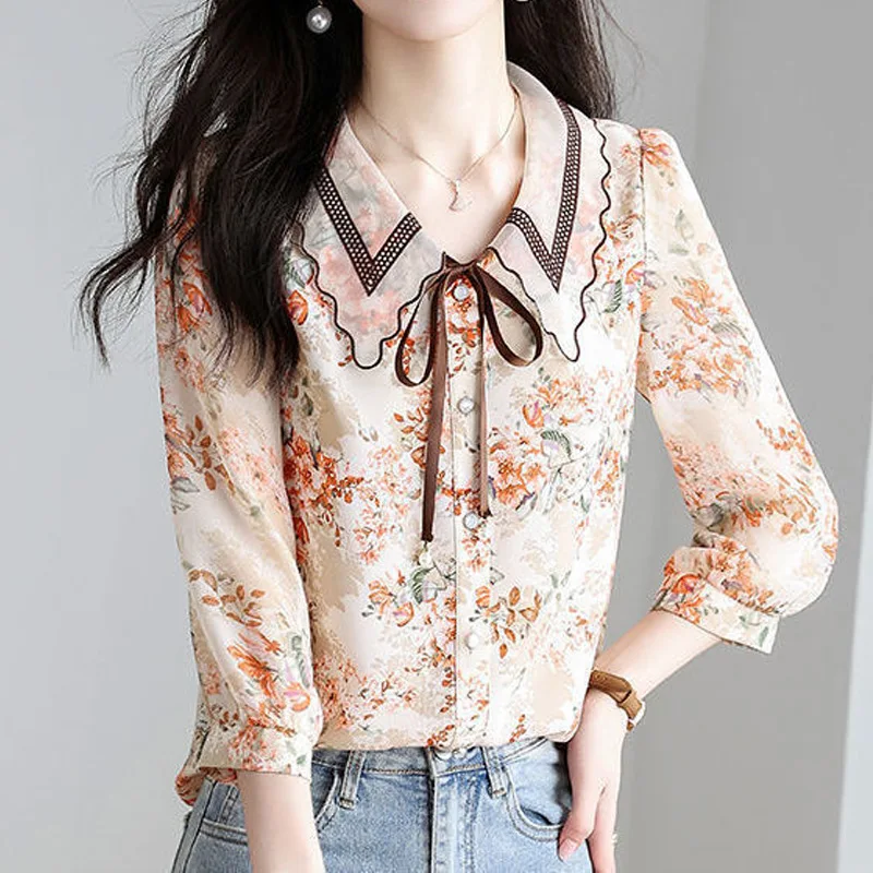 Elegant Floral Loose Blouse Spring Summer New Lacing Patchwork Printing Fashion Shirt Tops Temperament Office Women Clothing