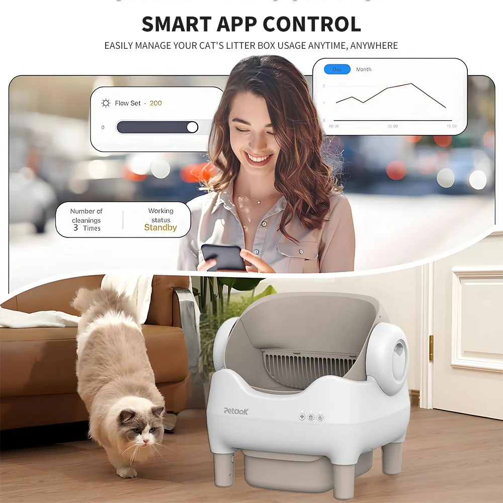 Self Cleaning Smart Litter Box Automatic Open Design With WIFI APP Control Large Capacity Square Design For Multiple Cats