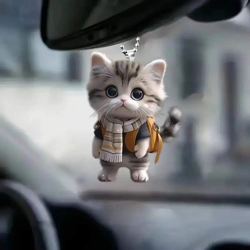 2D Design Car Pendant Cat-Shaped Realistic Style Rearview Mirror Hanging Hanging Decor Chain Included Hanging Ornament