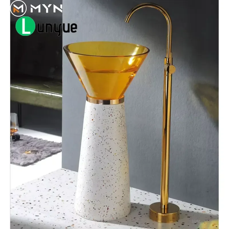 Luxury Colorful Crystal Glass Freestanding Pedestal Basin Modern Bathroom Sink Washbasin Elegant Design for Home Hotel Decor