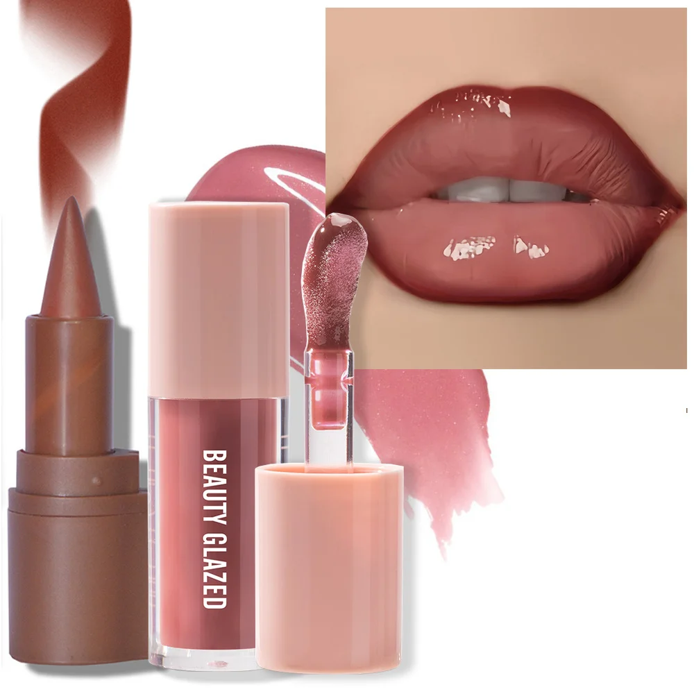 2 ピース/セットベルベットテクスチャリップメイクアップセットリップライナーリップグレーズ防水長期的なマットナチュラルリップメイクアップリップコンビネーション