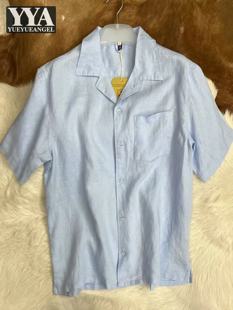 

Hot Sale Men Classic Turndown Collar Single Breasted Summer Linen Shirts Loose Fit Pocket Short Sleeved Thin Casual Fashion Tops